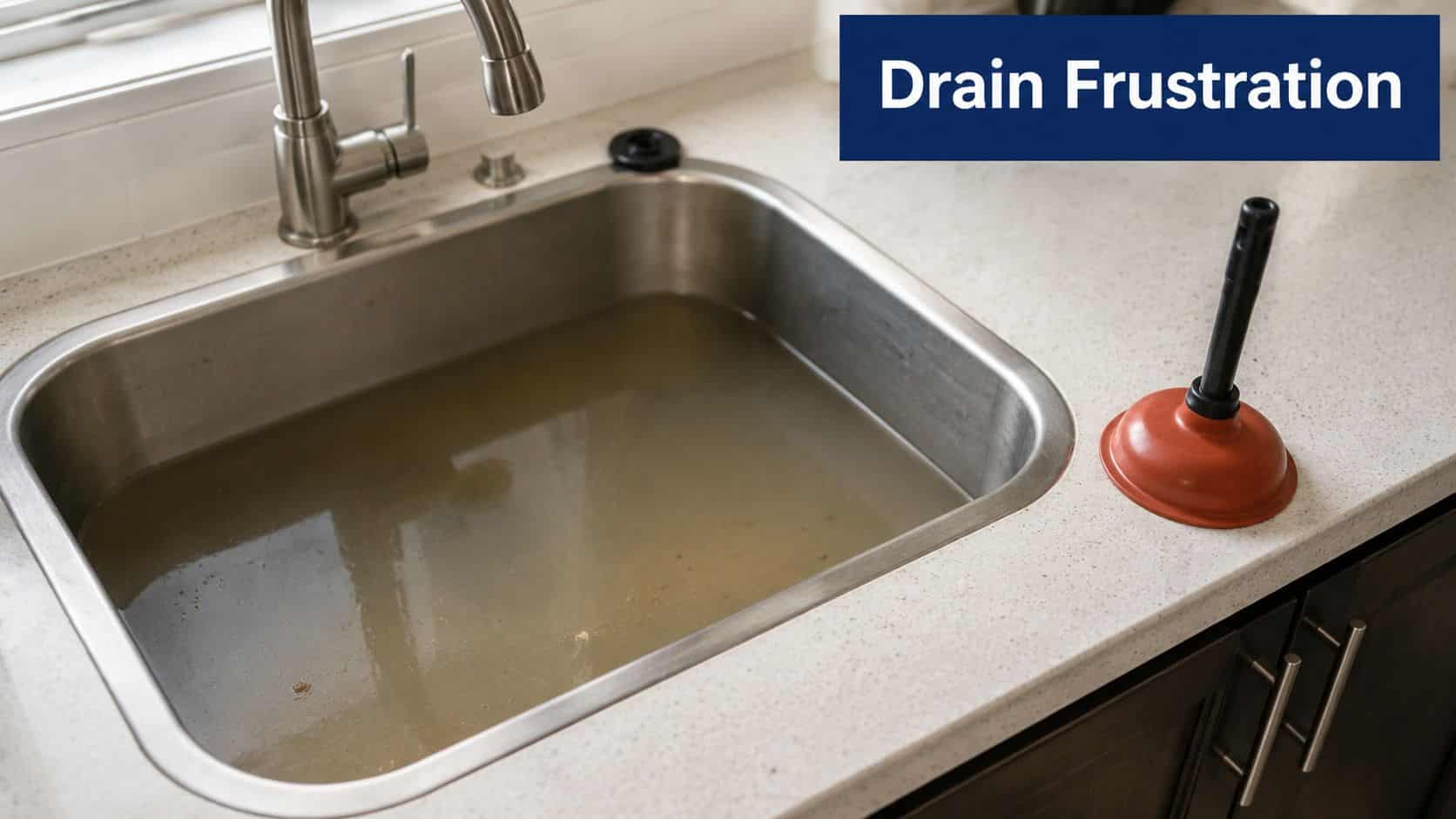 A clogged kitchen sink filled with murky water sits beside a red rubber sink plunger on a countertop.
