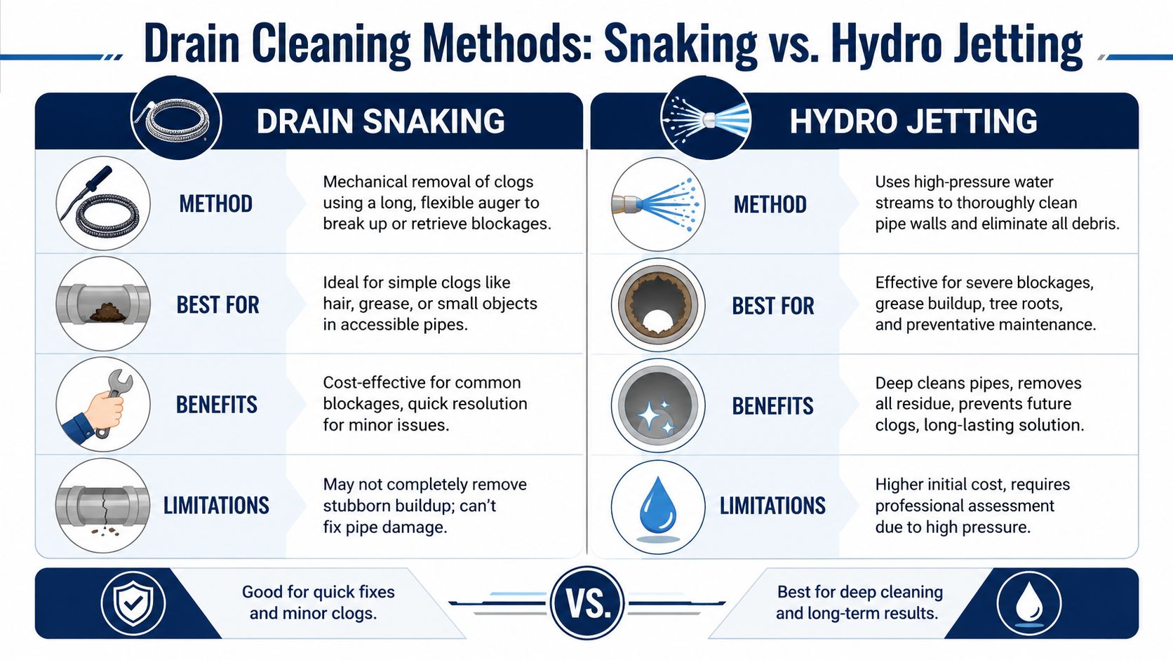 A comparison chart outlining the differences between drain snaking and hydro jetting for residential plumbing maintenance.
