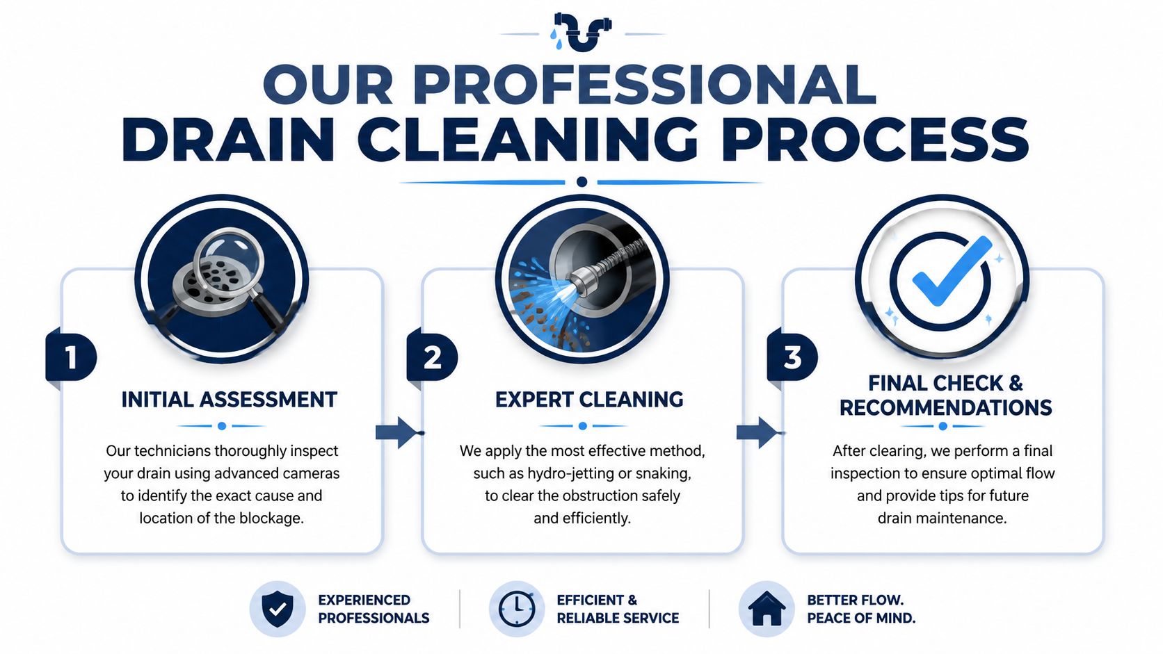 A professional three-step process infographic for residential drain cleaning services, illustrating assessment, cleaning, and final inspection.