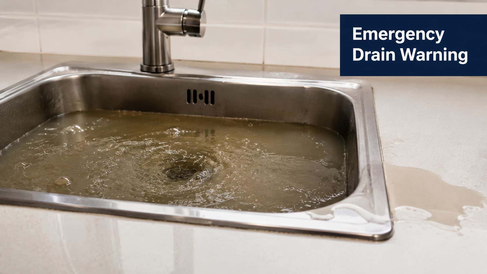 A kitchen sink overflowing with murky water, illustrating a critical plumbing emergency that requires professional drain cleaning.