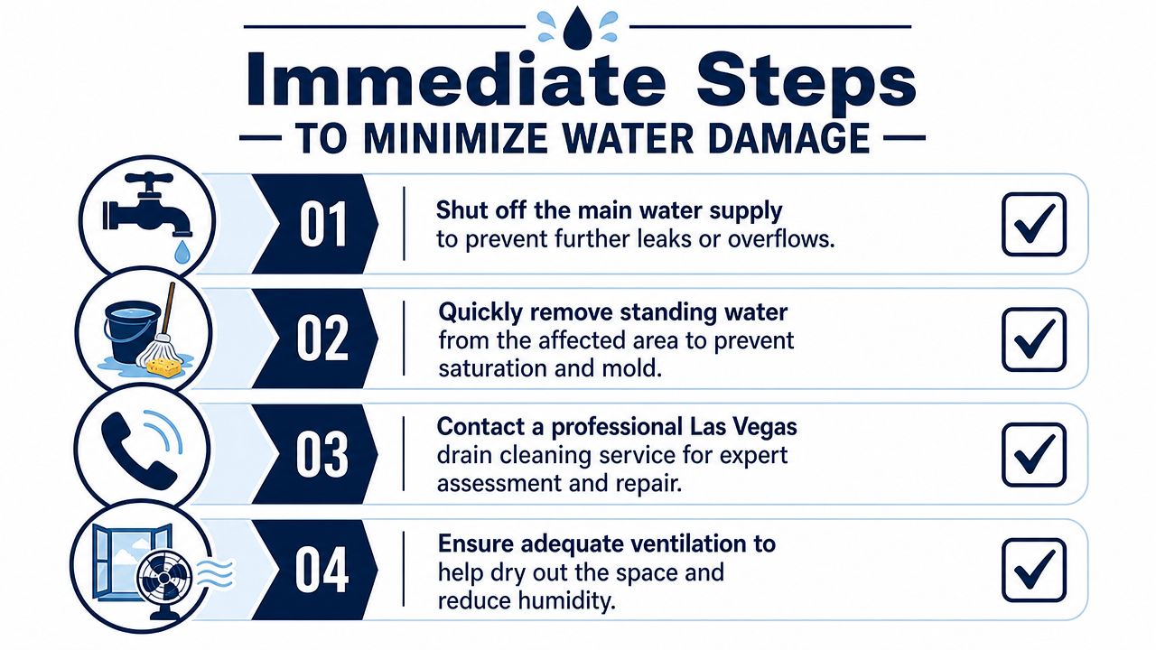 An infographic showing four steps to minimize water damage, including turning off water and professional repair.