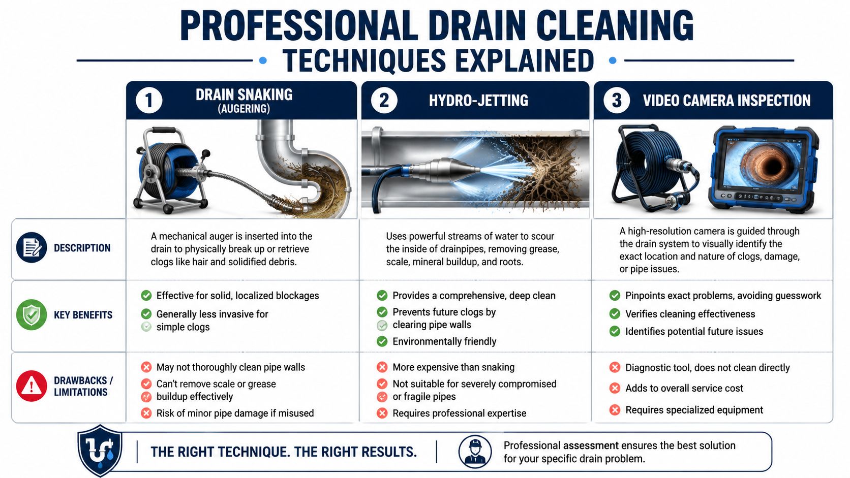 A professional infographic comparing drain snaking, hydro-jetting, and video camera inspection for drain cleaning services.