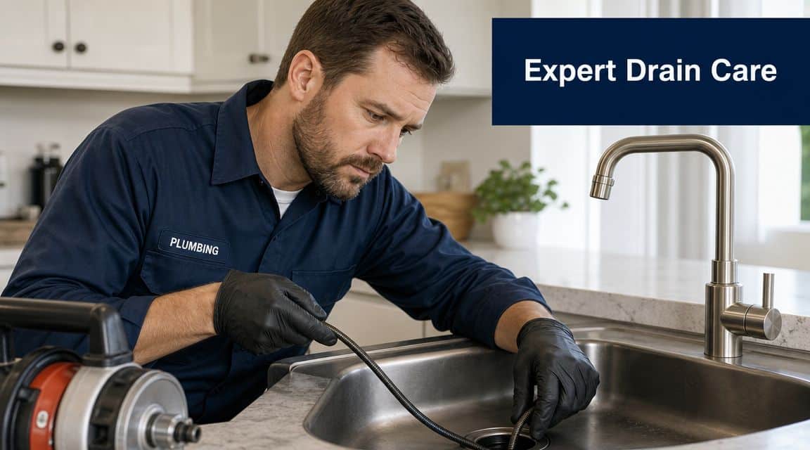 A professional plumber wearing gloves cleaning a kitchen sink drain with a mechanical drain cleaning tool.
