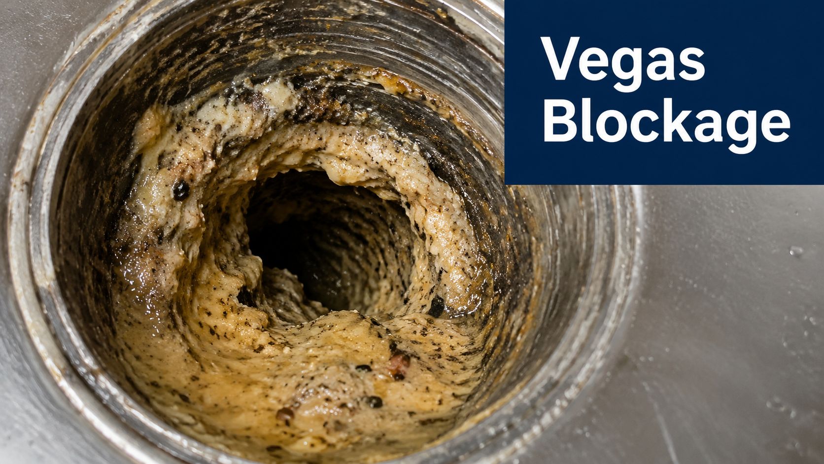 A close-up view looking down into a clogged kitchen sink drain filled with thick food waste.