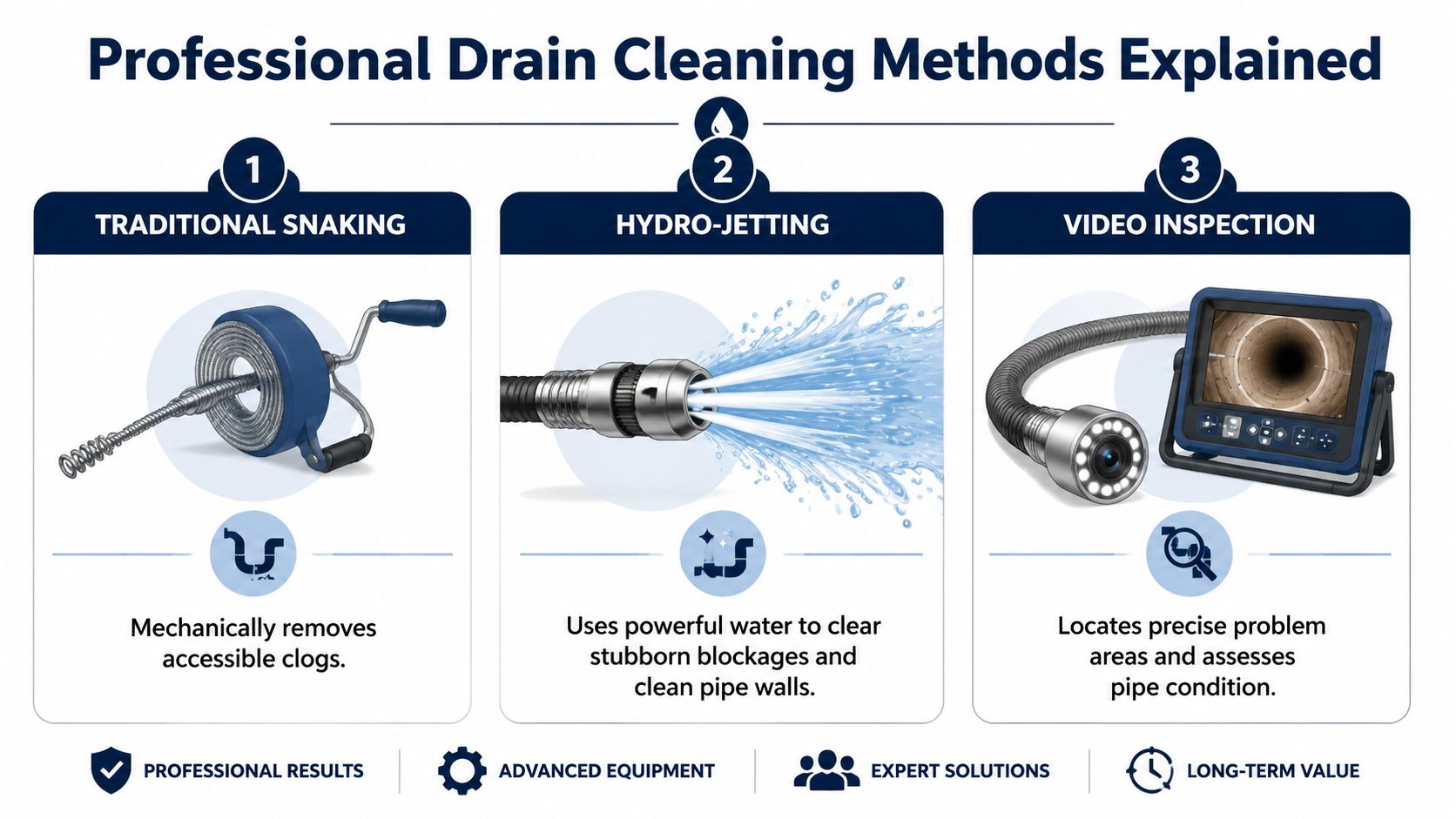 An infographic showing three professional drain cleaning methods including snaking, hydro-jetting, and video pipe inspection.
