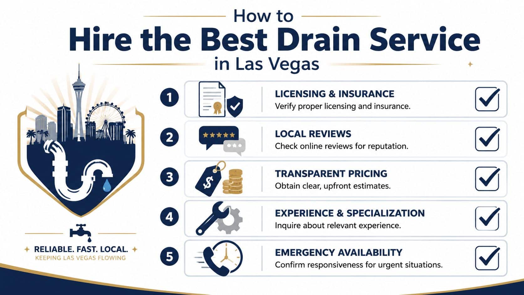 An infographic detailing five key steps to consider when hiring professional drain cleaning services in Las Vegas.