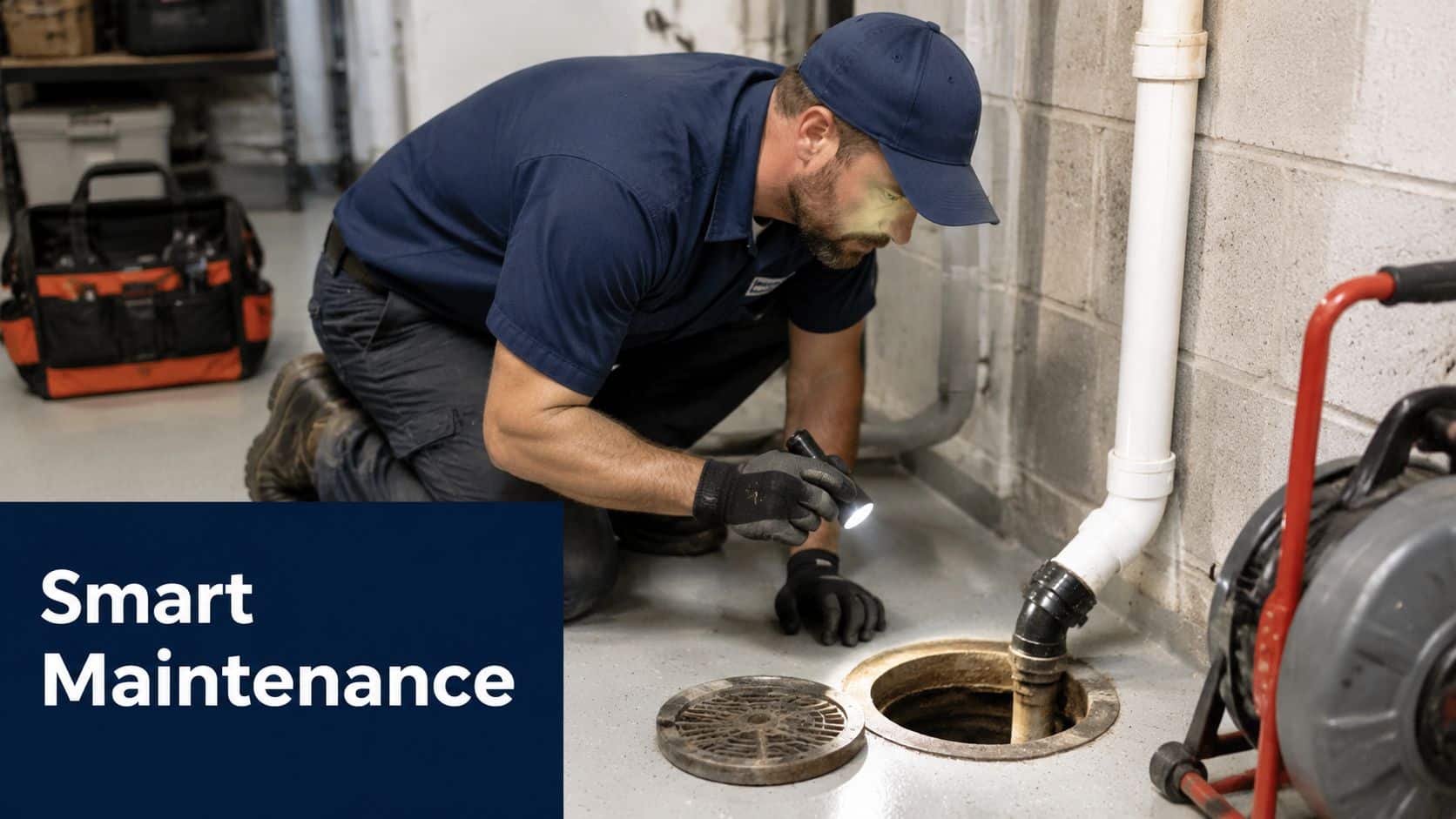 A professional plumber wearing a cap and gloves uses a flashlight to inspect a basement floor drain.
