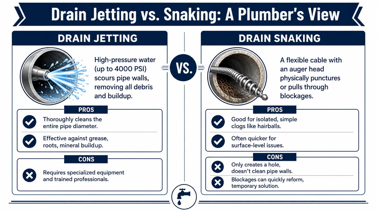 A comparison infographic detailing the differences, pros, and cons between professional drain jetting and drain snaking methods.