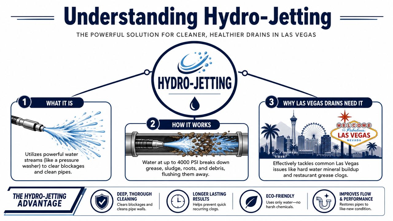 An infographic explaining how hydro-jetting clears drain pipes using high-pressure water for cleaner, healthier plumbing systems.