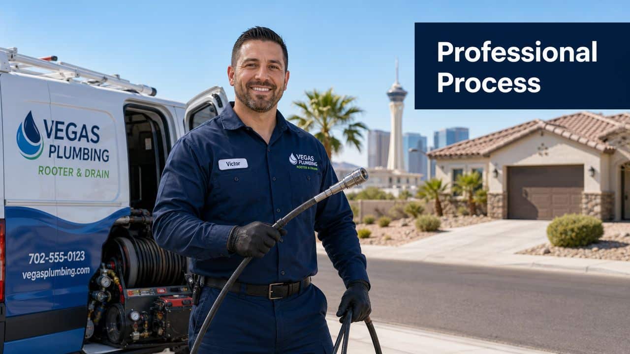 A professional Vegas Plumbing technician standing by their work van while holding a drain jetting hose.