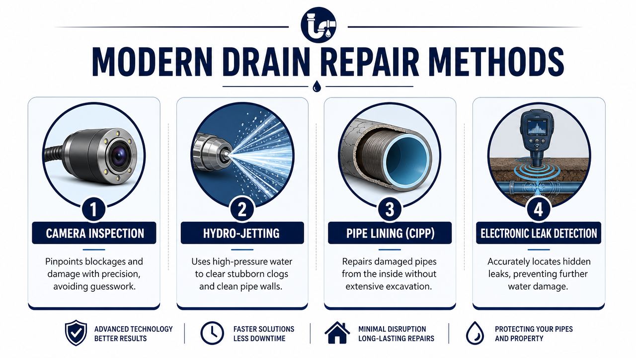 An infographic detailing four modern professional plumbing drain repair methods including inspection, cleaning, lining, and detection.