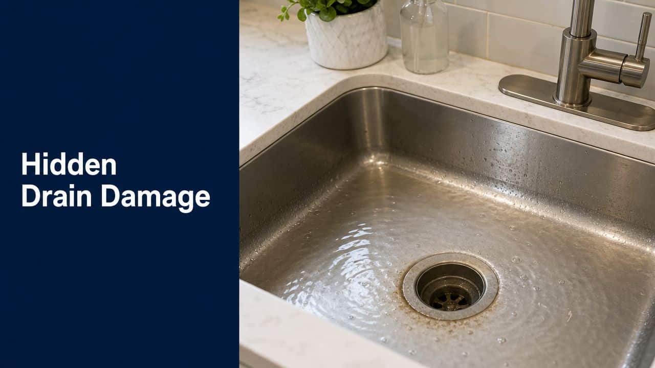 A close-up view of a stainless steel kitchen sink showing visible signs of drain damage and staining.