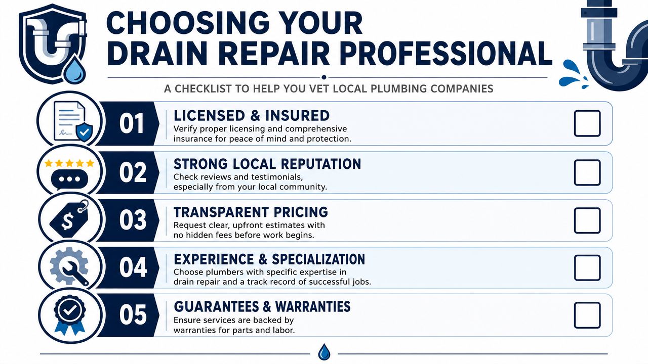 A checklist for choosing a professional plumbing company for drain repair services, including five essential vetting criteria.