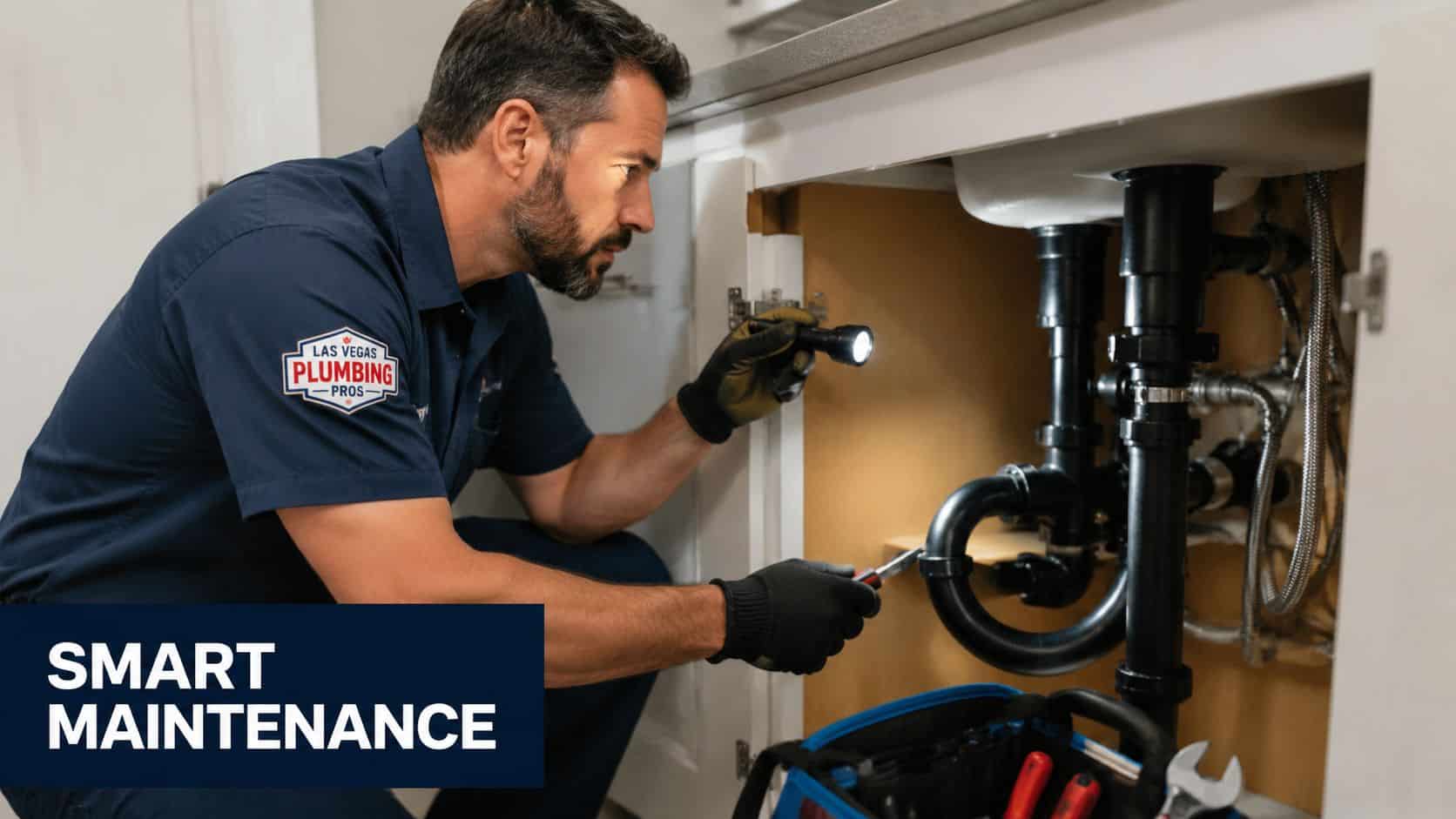 A professional plumber from Las Vegas Plumbing Pros inspecting under-sink piping with a flashlight and tools.