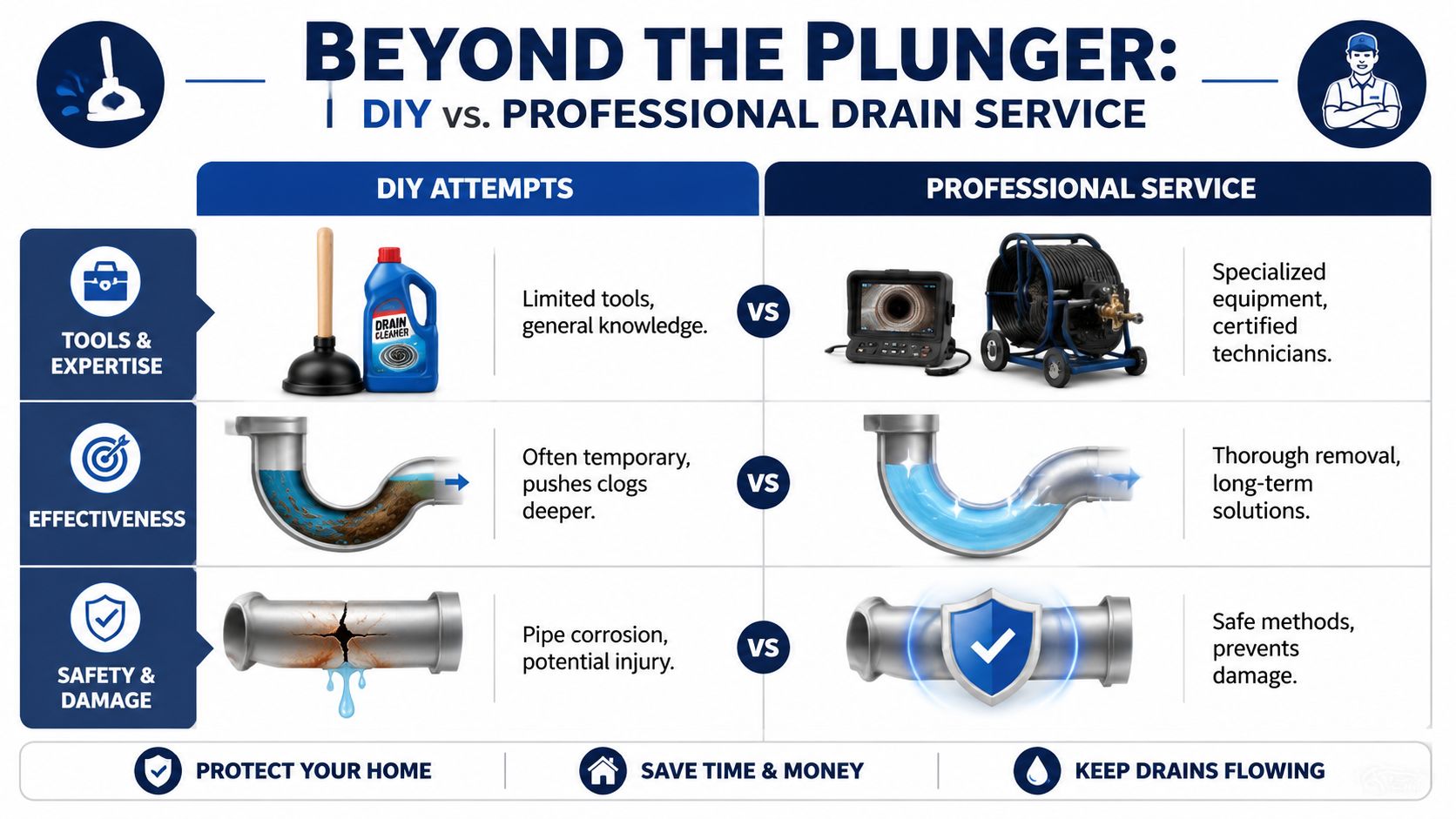 A comparison infographic between DIY drain cleaning methods and professional drain services, detailing tools, effectiveness, and safety.