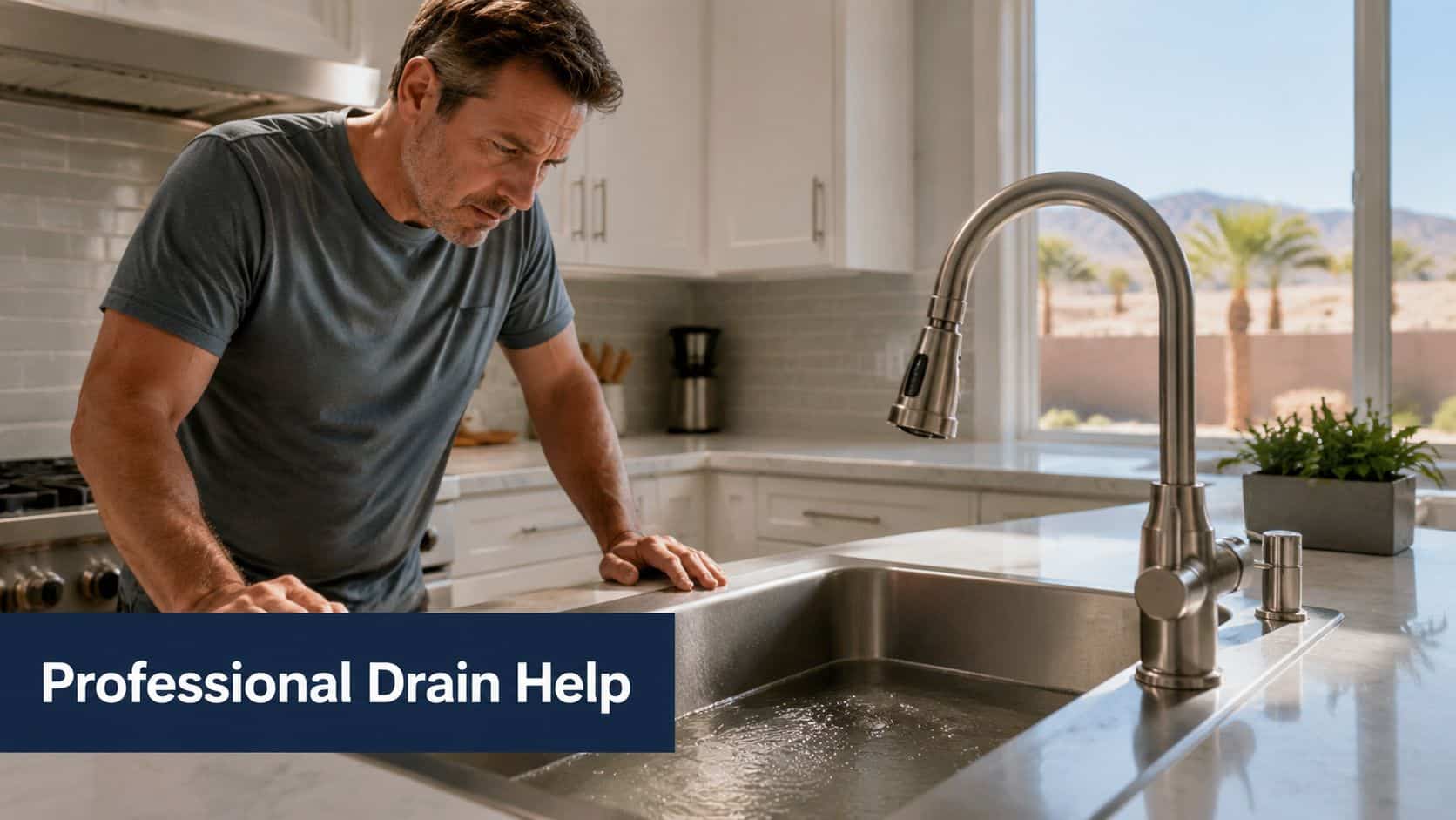 A concerned man looking at his kitchen sink filled with standing water, needing professional drain help.