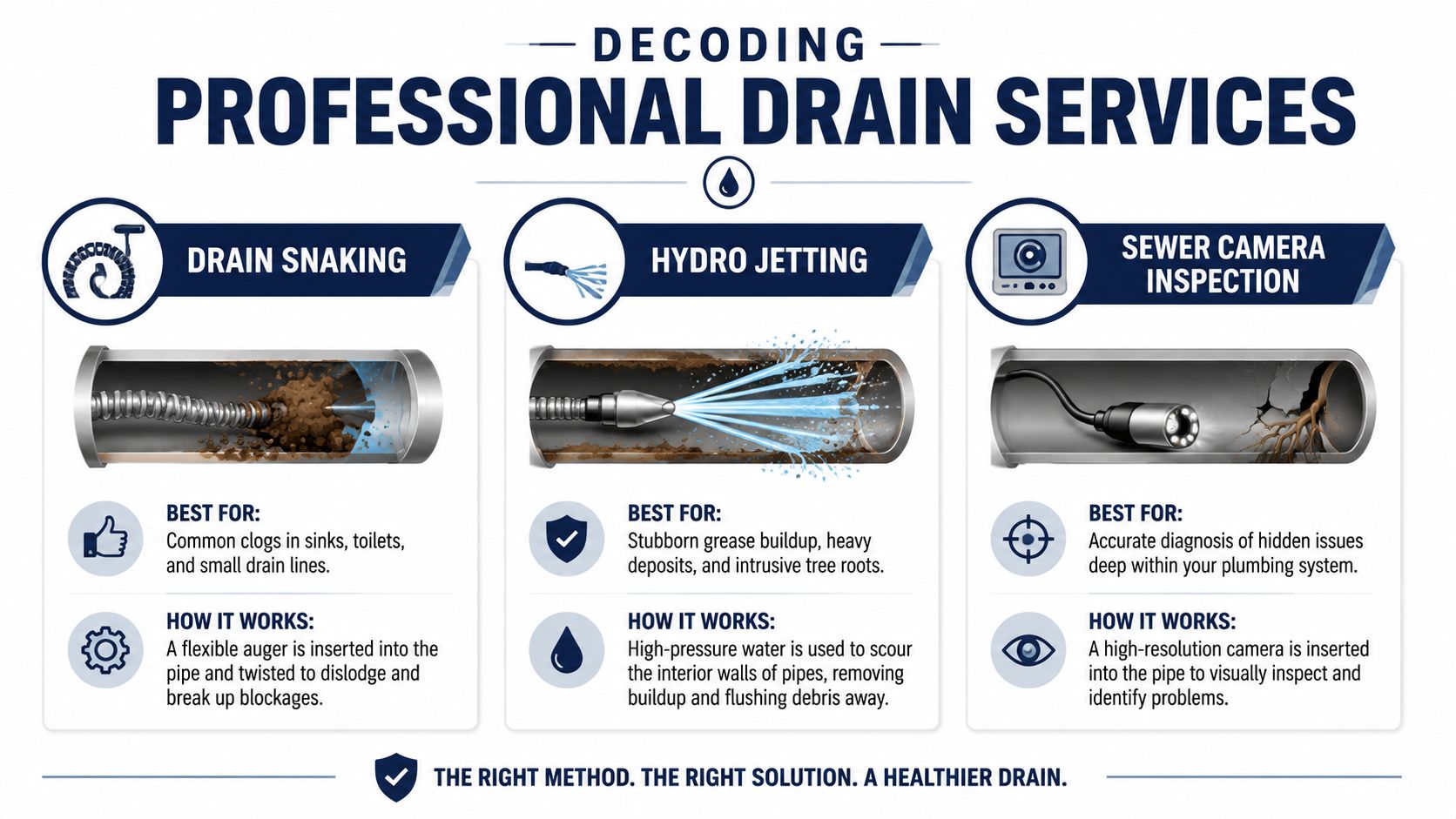 An infographic explaining three professional drain services: drain snaking, hydro jetting, and sewer camera inspection.