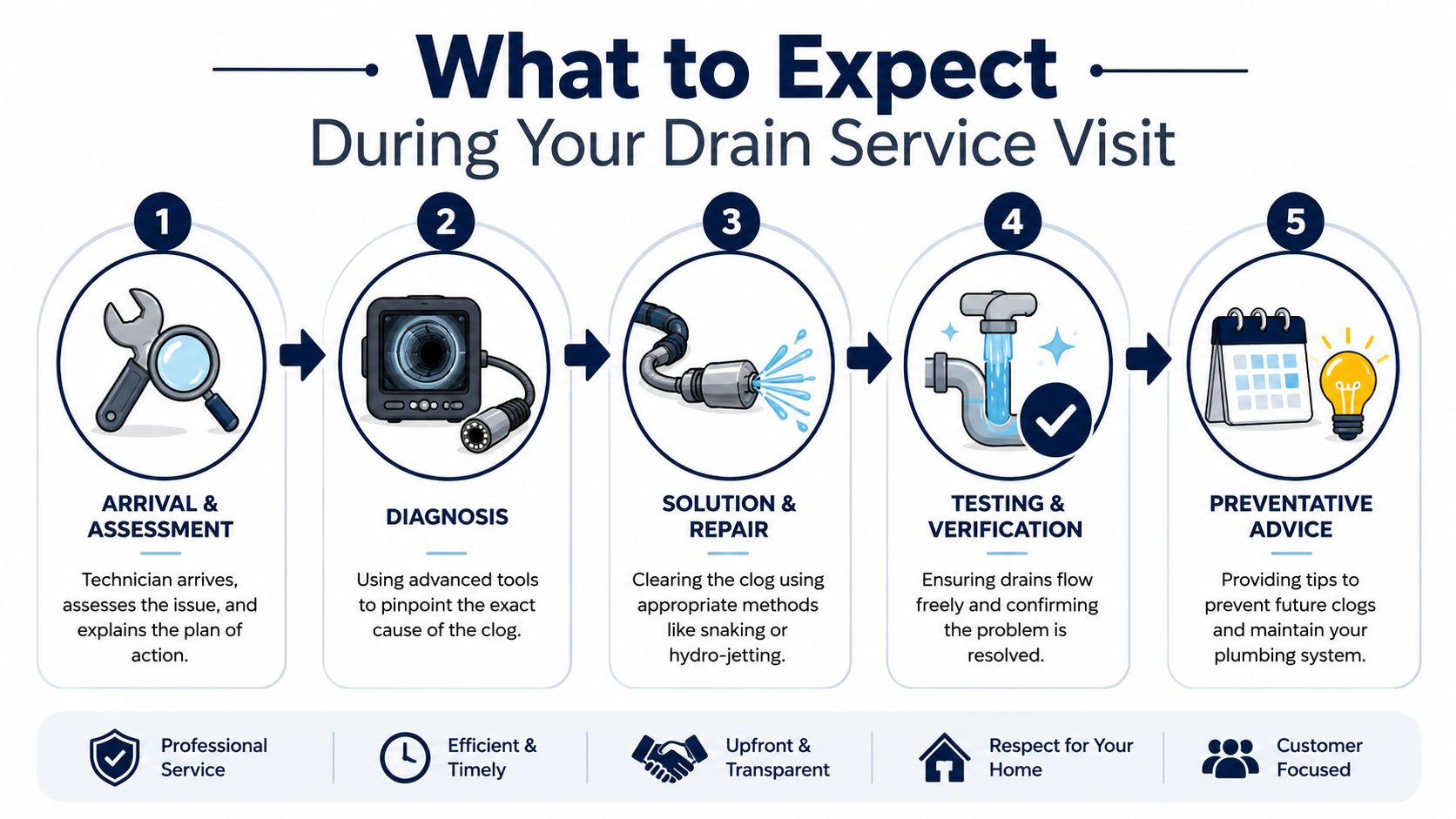 A five-step infographic showing the drain cleaning service process from initial assessment to preventative advice.
