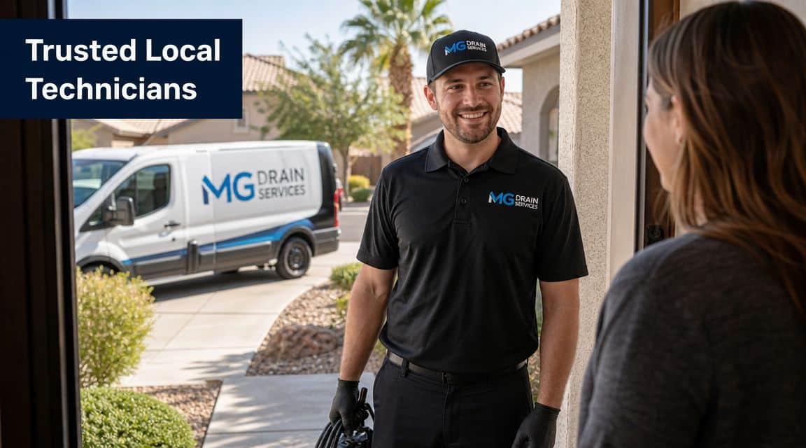 A friendly MG Drain Services technician smiling at a customer while standing at a residential front door.