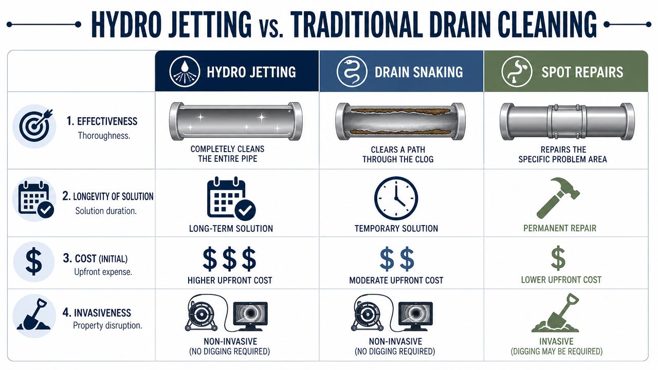 A comparison chart showing the differences between hydro jetting, drain snaking, and spot repairs for plumbing.