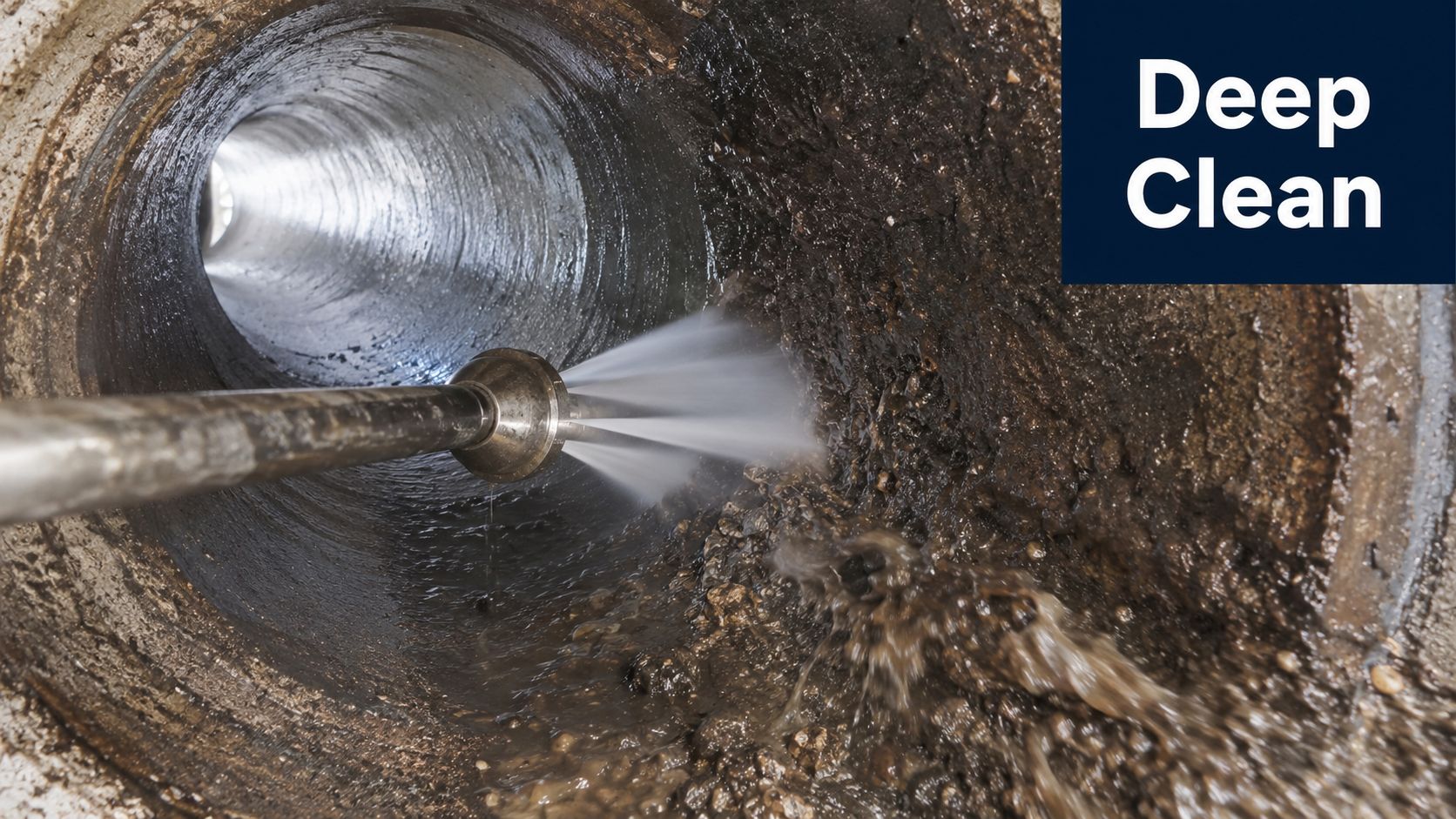 A high-pressure hydro jetting nozzle cleans debris and buildup from the inside of a residential sewer pipe.