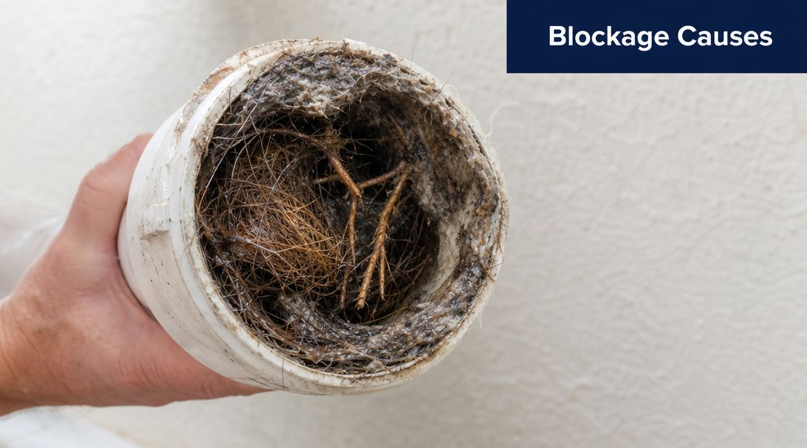 A close-up of a pipe section held by a hand, completely blocked by tangled tree roots and debris.