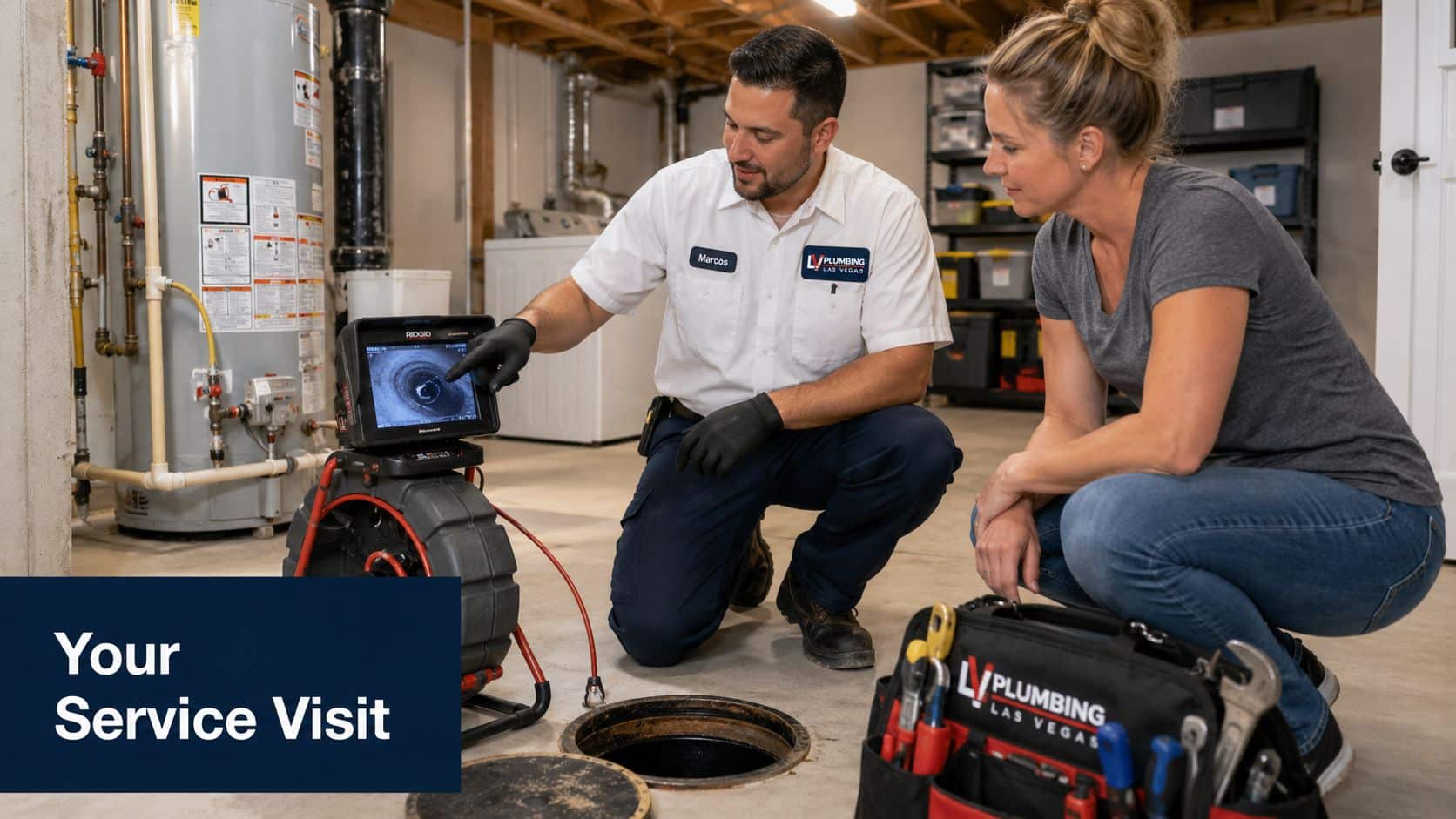 Plumber explaining a sewer line inspection to a homeowner using a monitor in a basement.