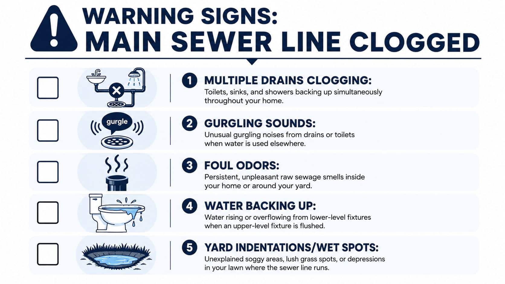 A visual infographic listing five common warning signs indicating a main sewer line clog for homeowners.