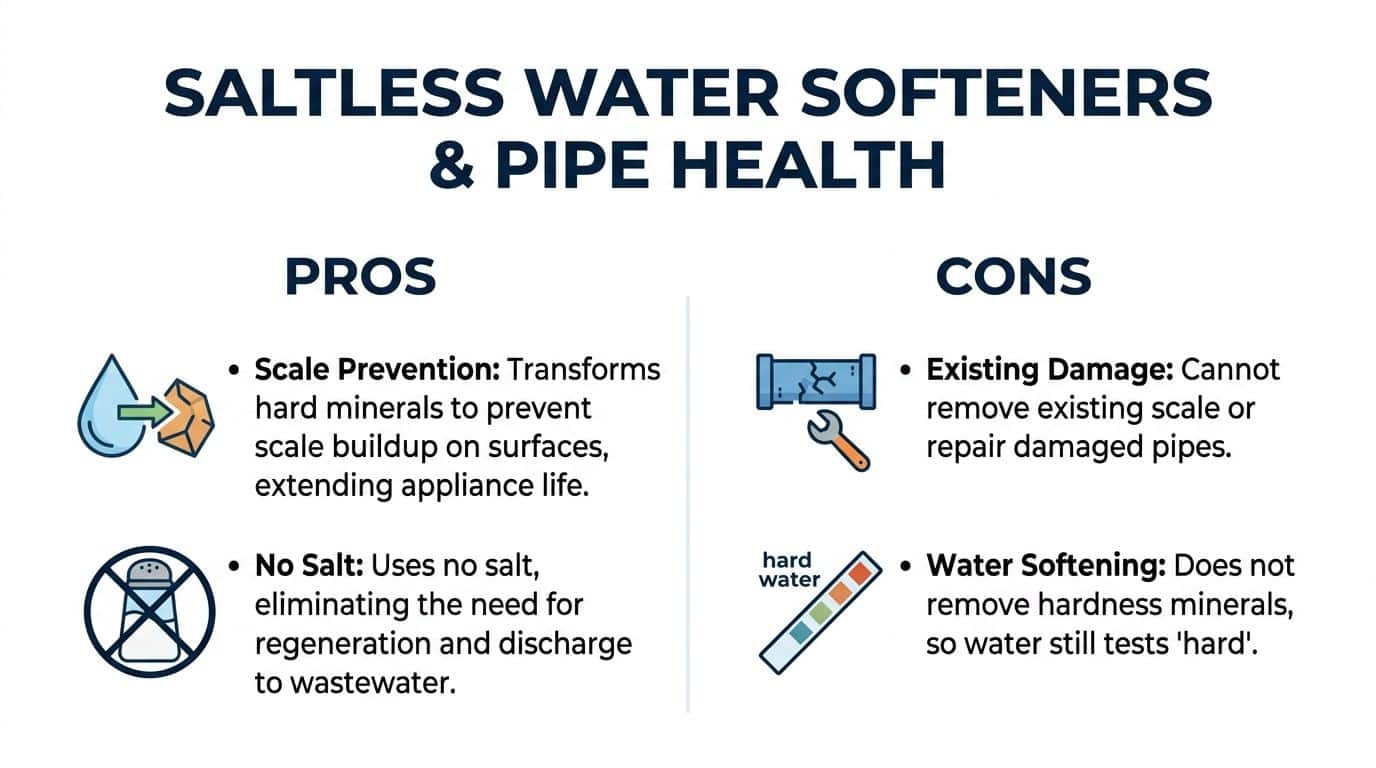 An infographic comparing the pros and cons of using saltless water softener systems for home plumbing.