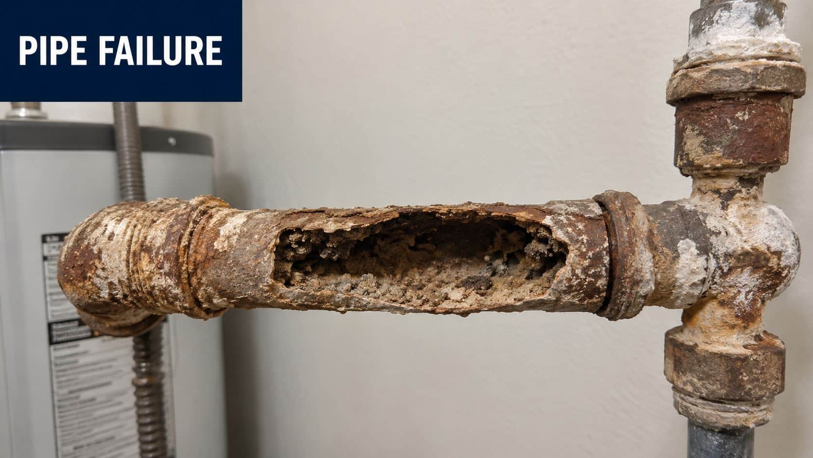 A severely corroded and damaged metal pipe showing significant rust buildup and structural failure on a plumbing line.