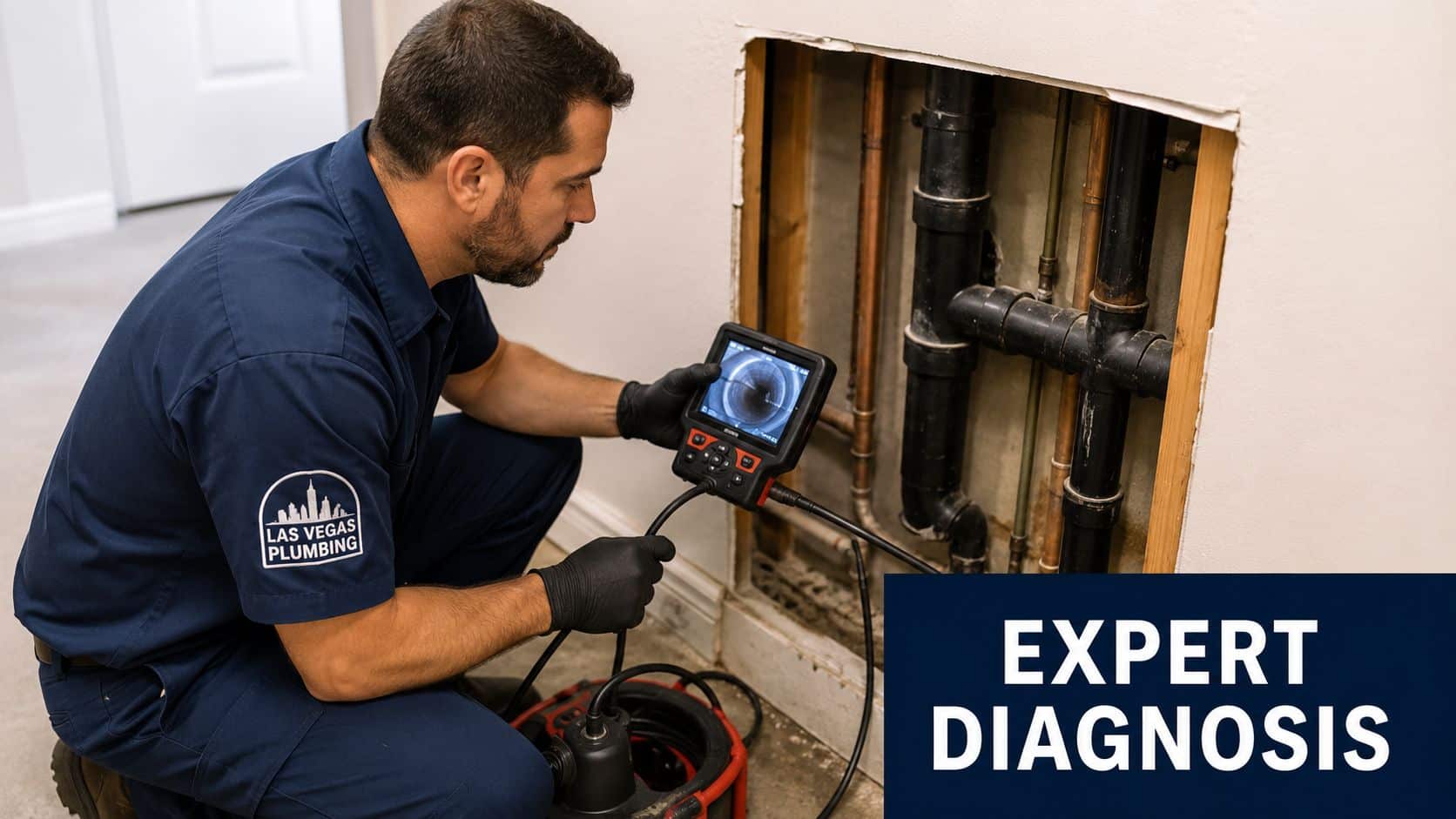 A professional plumber from Las Vegas Plumbing inspects a sewer pipe using a digital camera system.