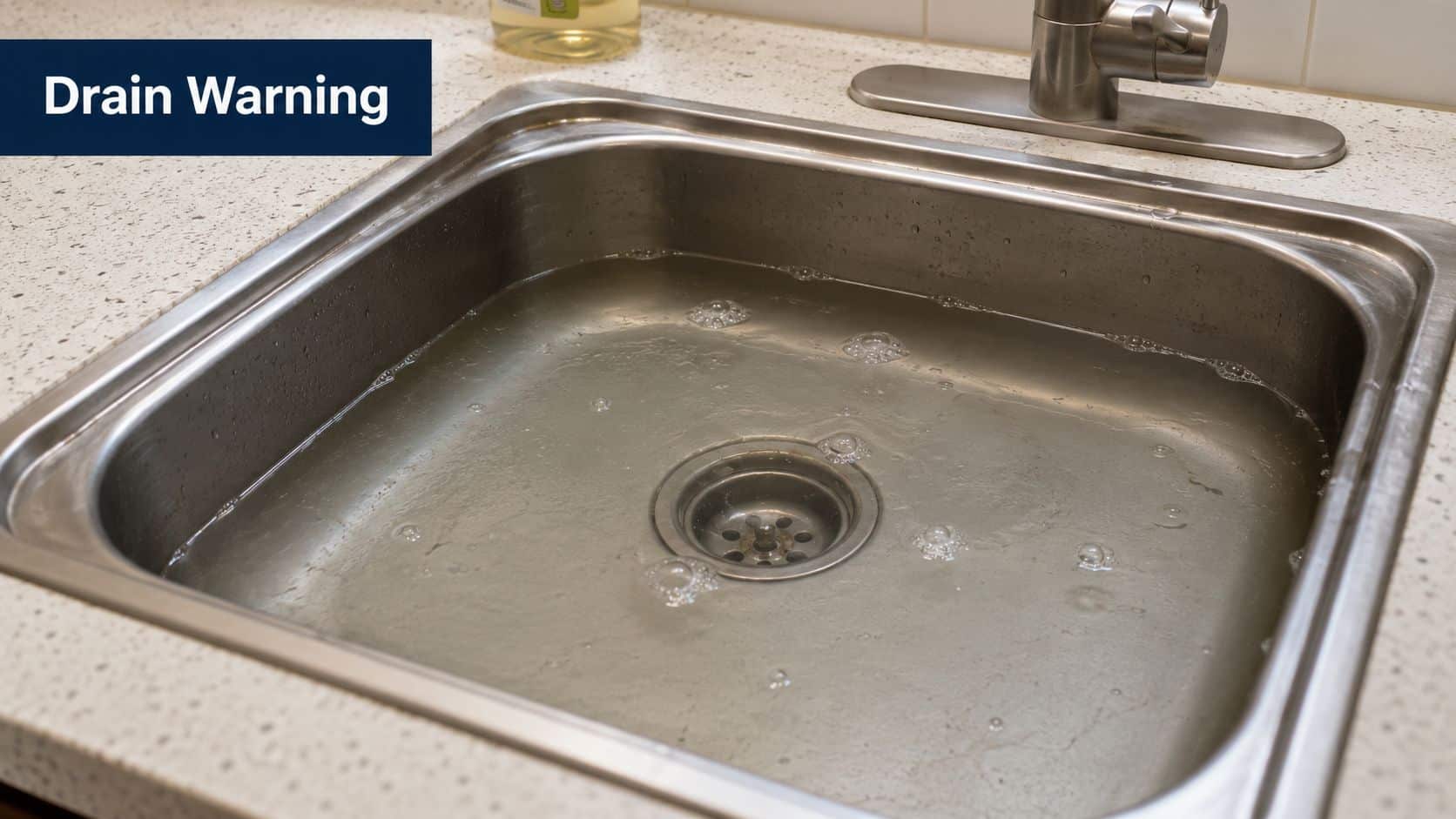 A stainless steel kitchen sink completely filled with stagnant water, indicating a potential plumbing drainage problem.