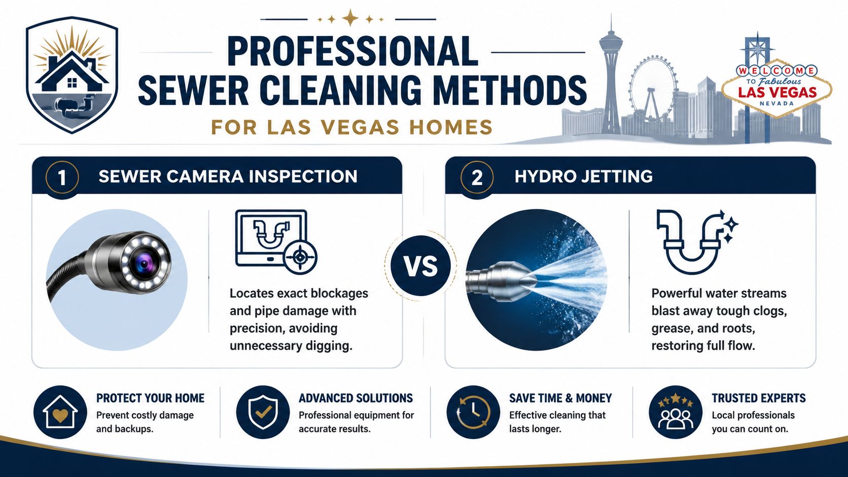 An infographic comparing professional sewer camera inspection and hydro jetting services for Las Vegas homeowners.