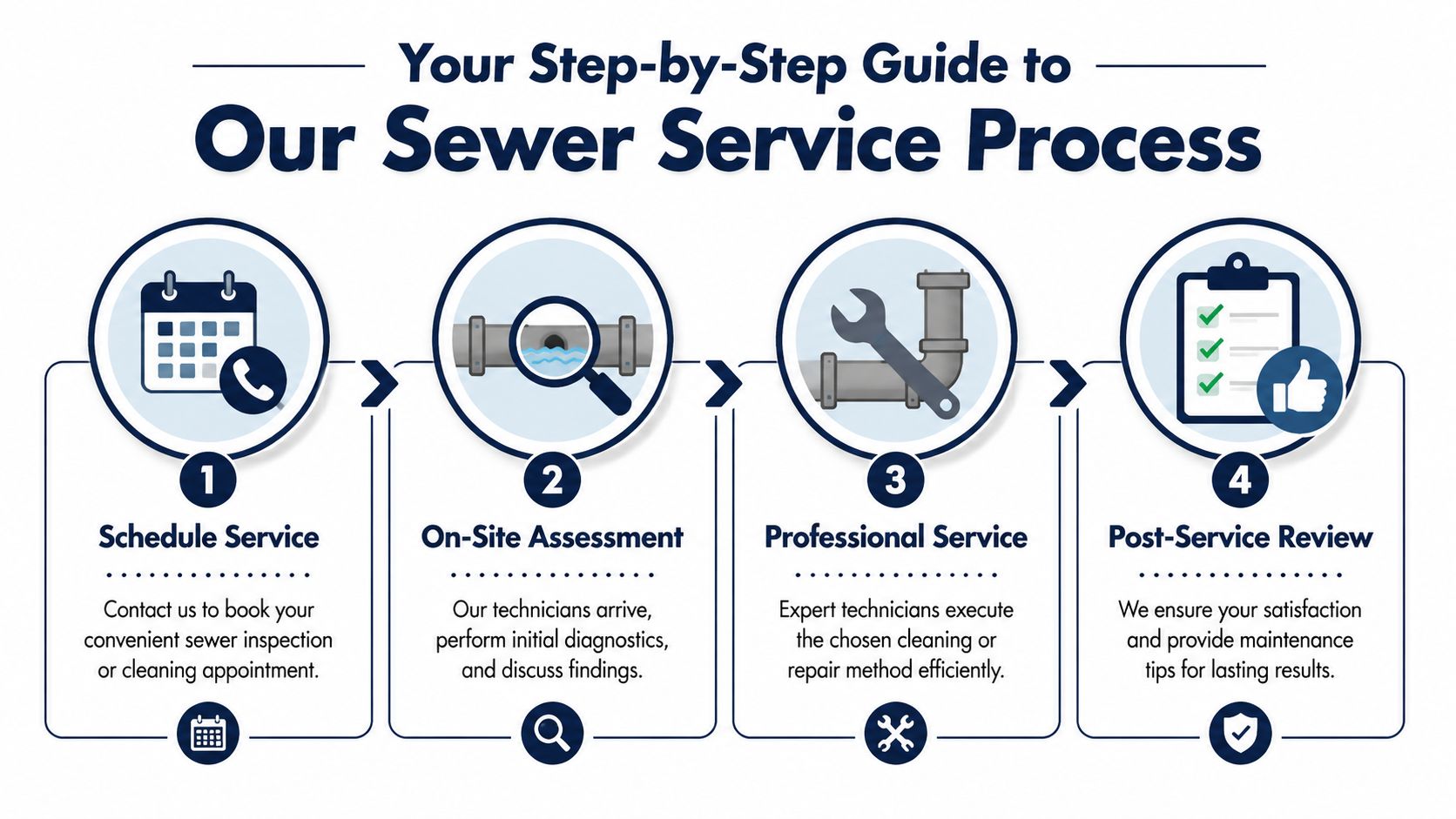 A four-step infographic illustrating the professional sewer cleaning and inspection service process from booking to review.