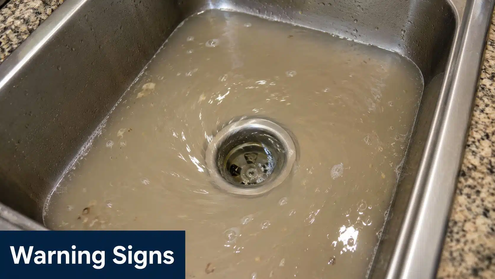 A stainless steel kitchen sink filled with dirty, standing water showing signs of a clogged drain.
