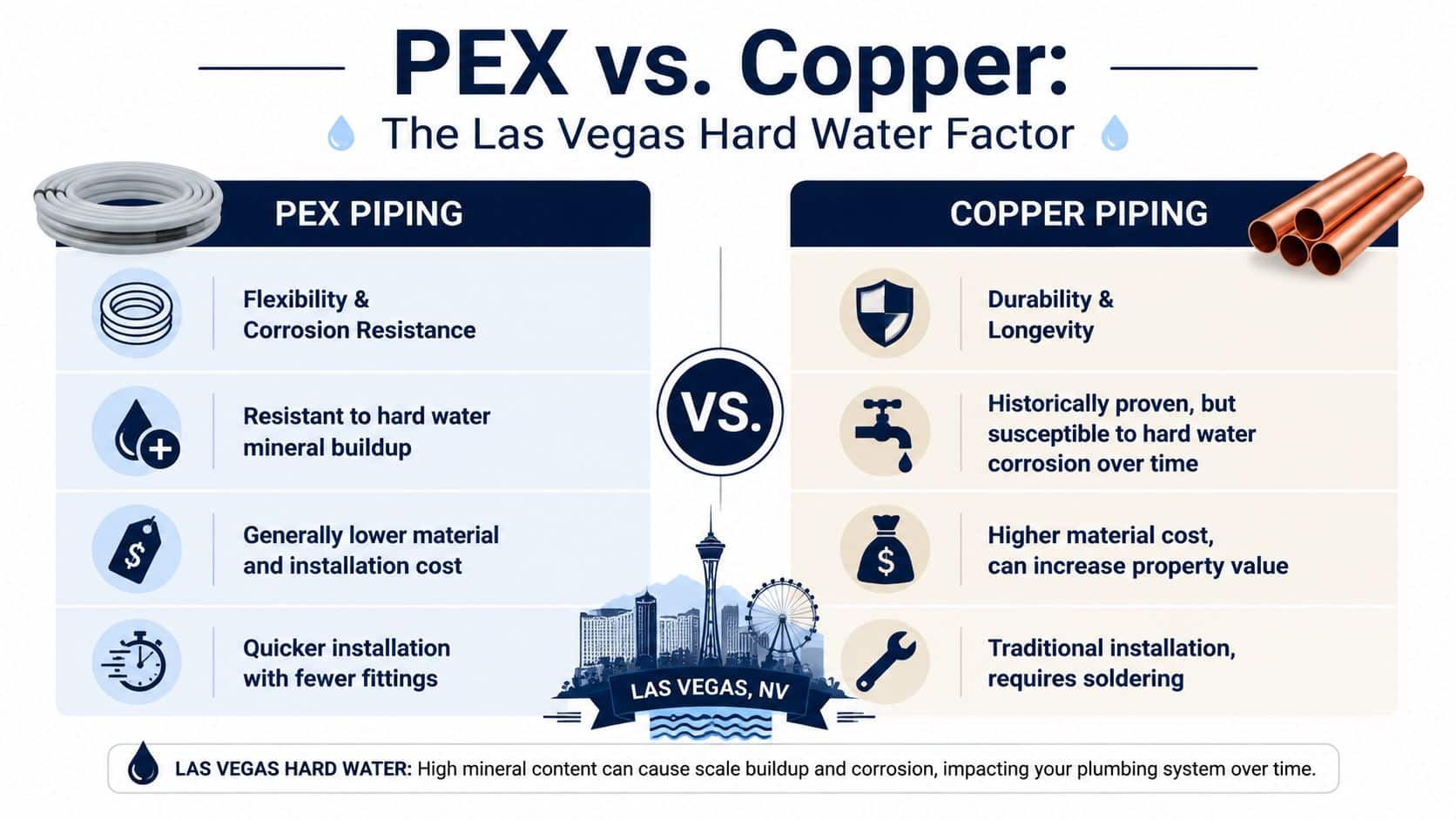 A comparison infographic between PEX and copper piping highlighting the benefits for Las Vegas hard water conditions.
