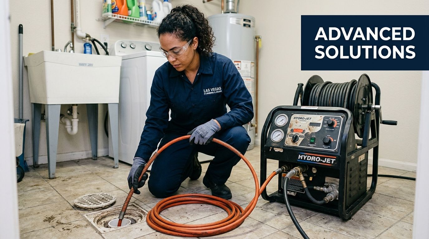 A professional plumber in Las Vegas using a high-pressure hydro-jet machine to clean a floor drain.