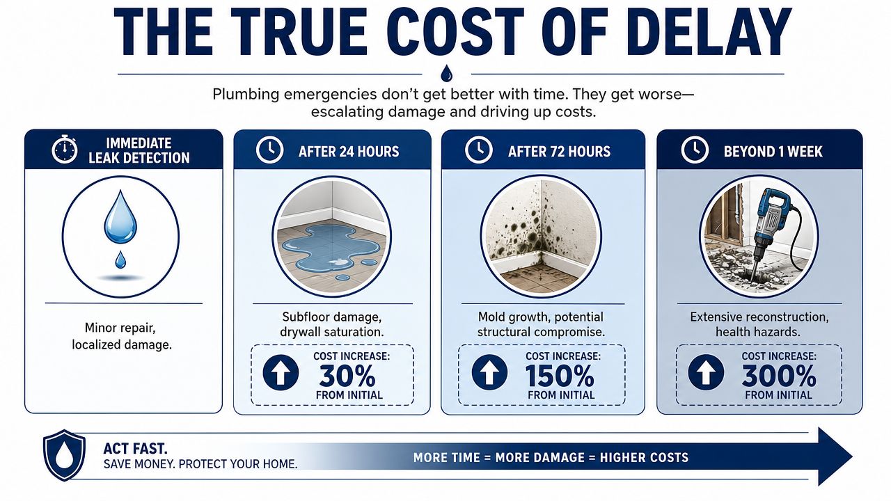An infographic illustrating how plumbing emergency repair costs increase significantly over time if left unaddressed.