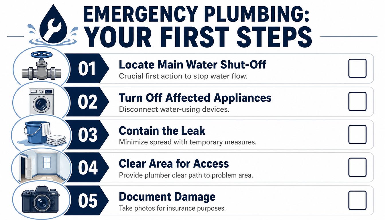 An infographic titled Emergency Plumbing Your First Steps listing five essential actions to take during plumbing issues.