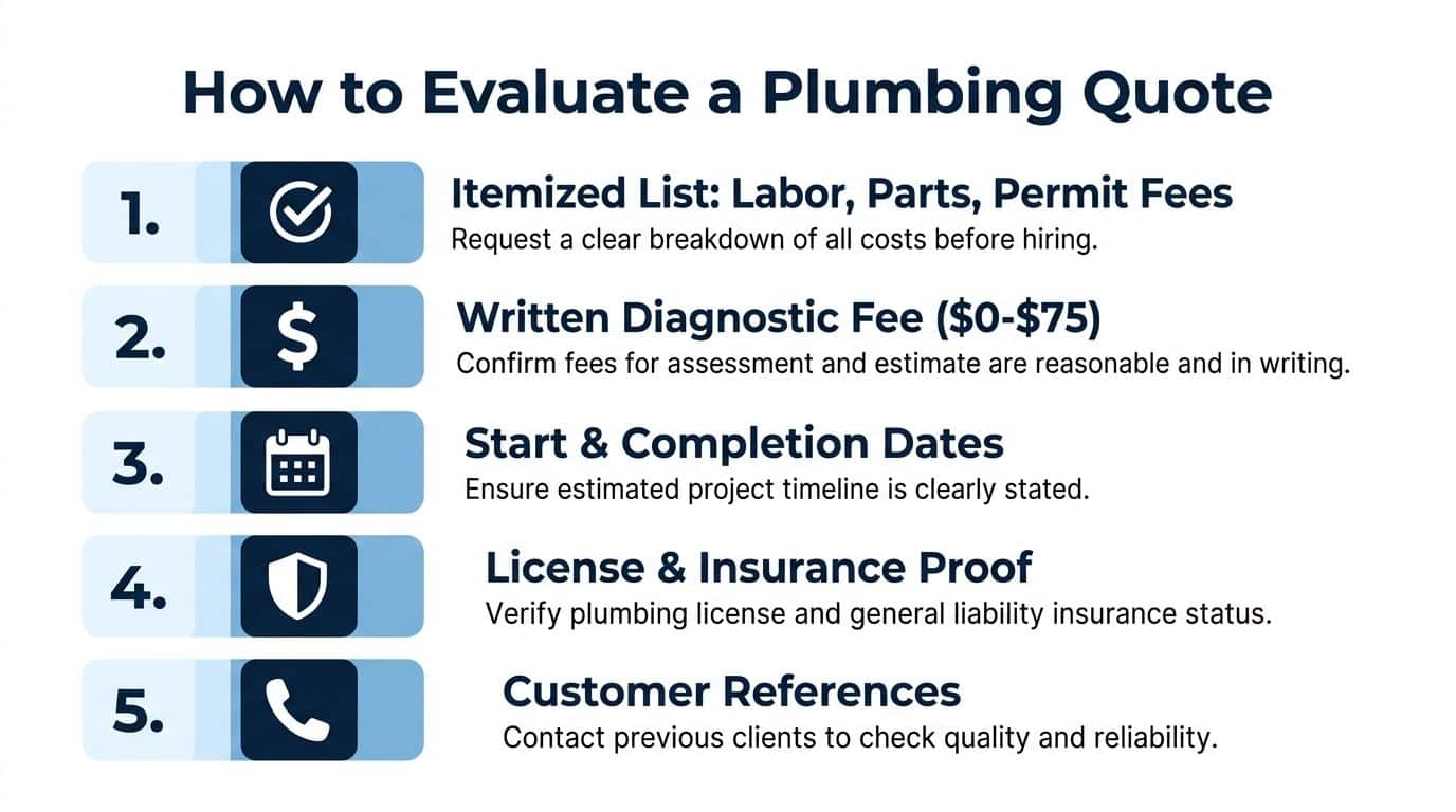 A numbered infographic titled How to Evaluate a Plumbing Quote, listing five essential steps for homeowners.