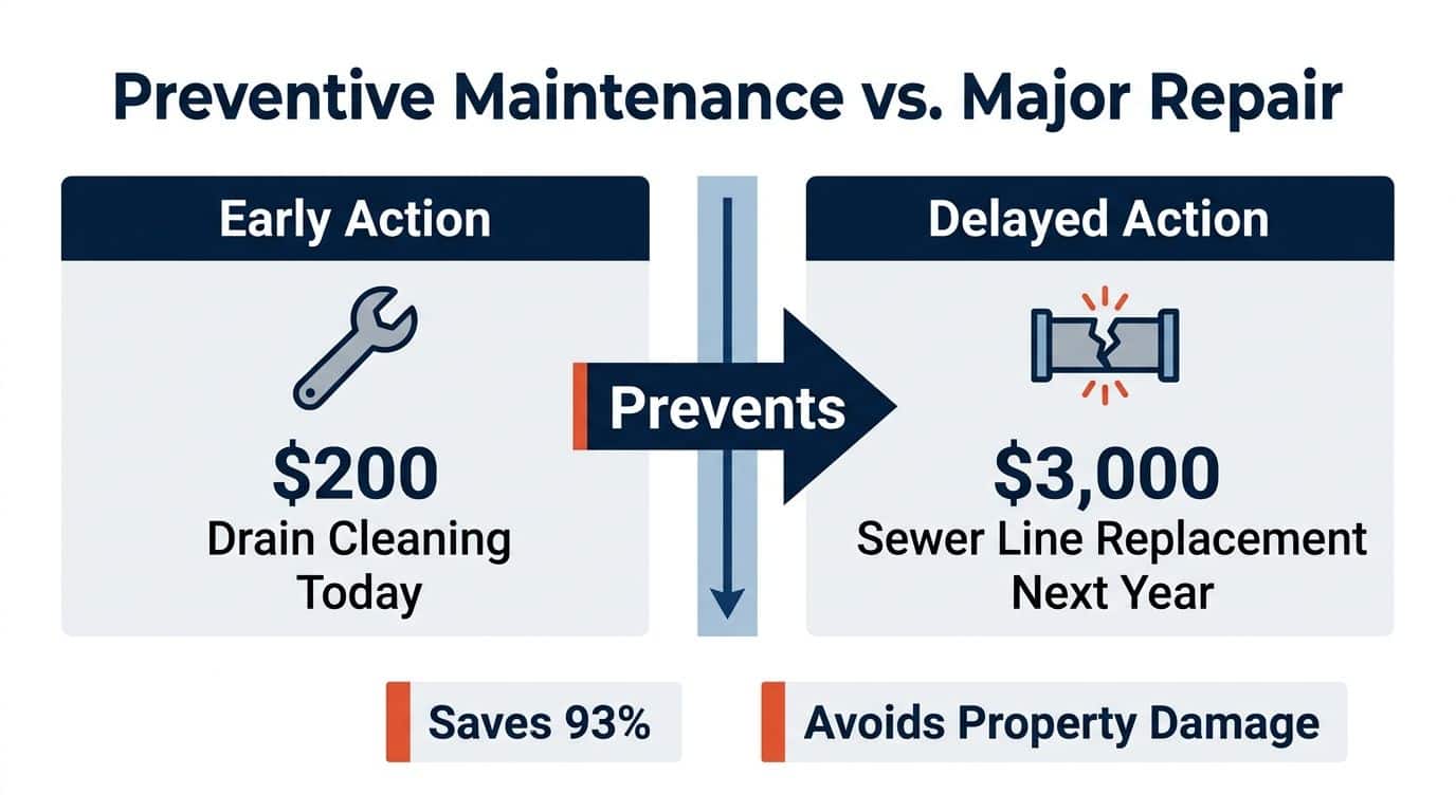 A chart comparing the cost savings of preventive drain cleaning versus expensive emergency sewer line replacement.