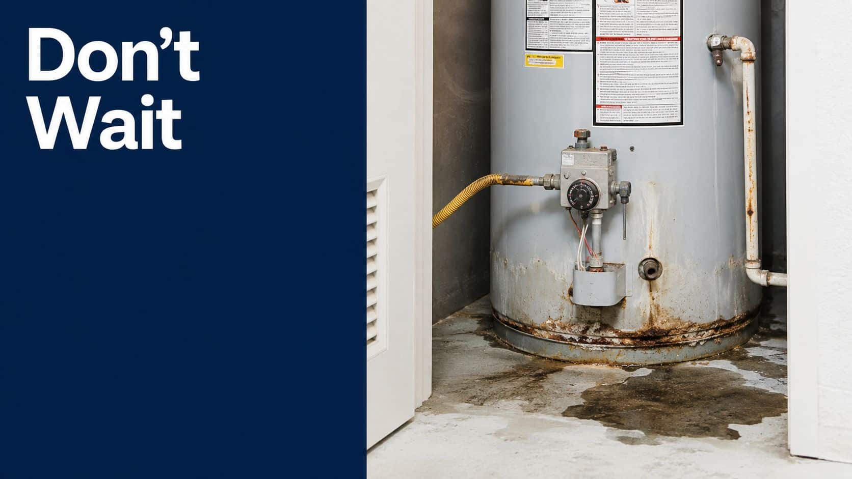 A leaking hot water heater with rusty base and water pooling on the concrete floor.