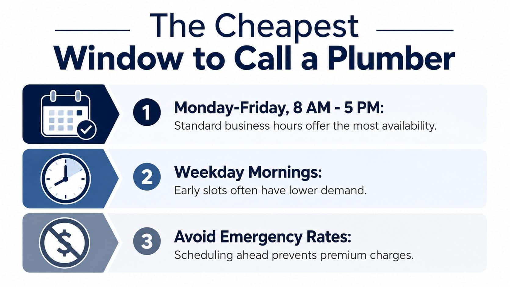 A graphic providing advice on the most cost-effective times to schedule professional plumbing services.