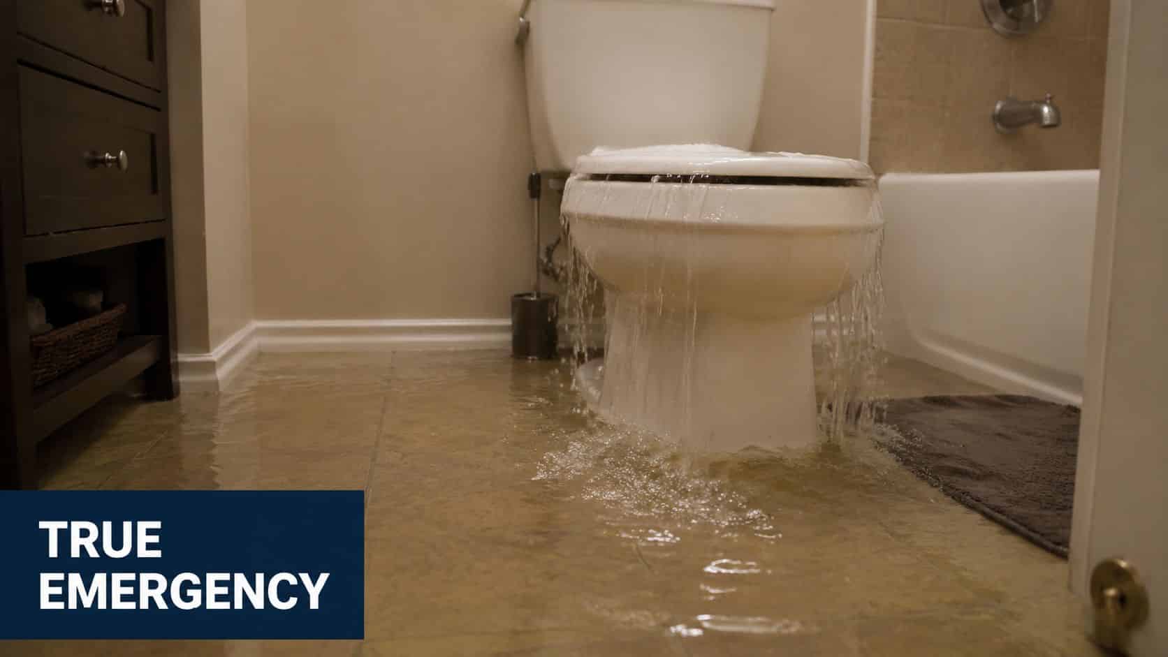 A bathroom floor covered in water as a toilet overflows, requiring immediate attention from a plumber.