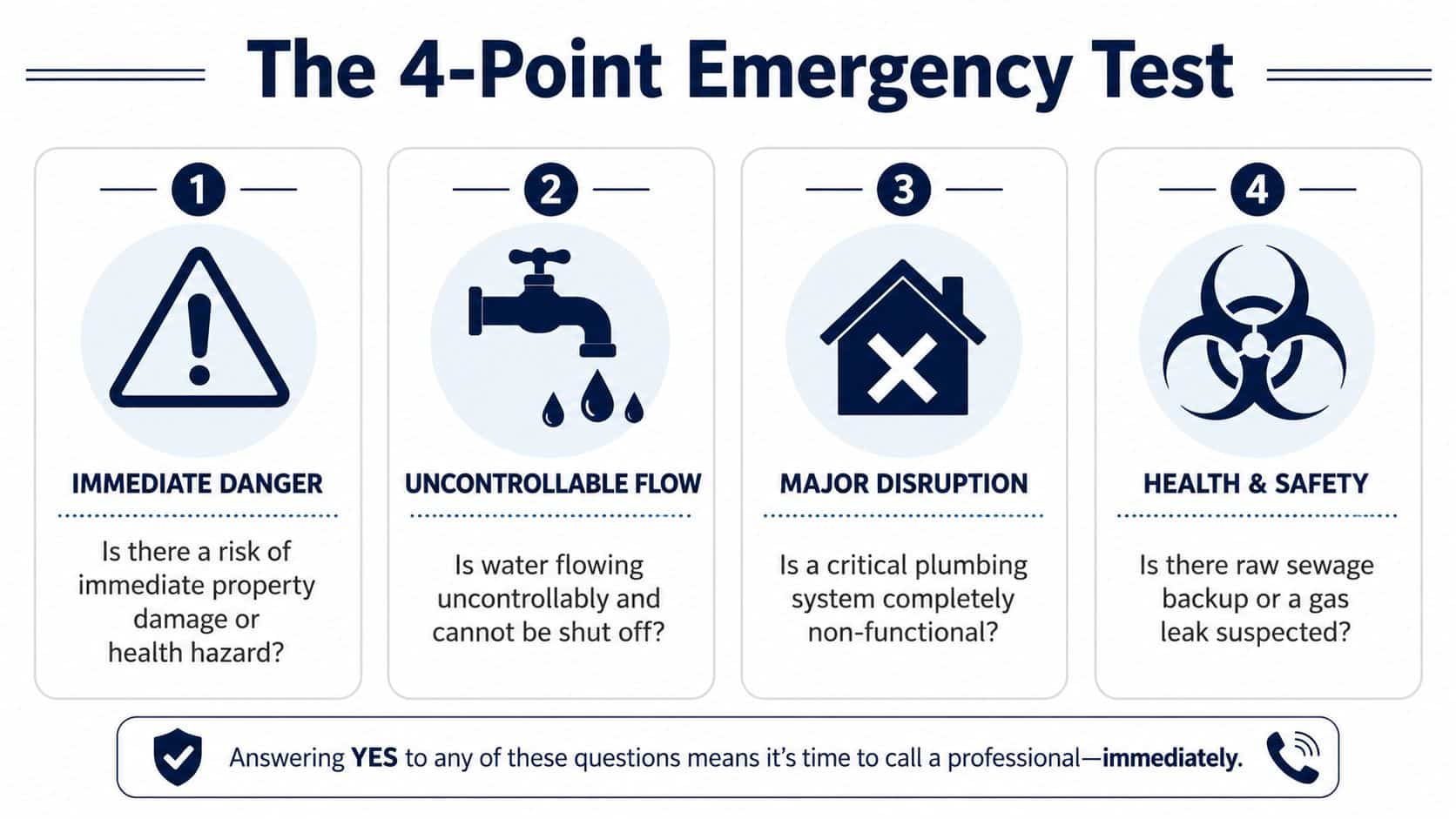 A four-point infographic guide helping homeowners determine if they have a critical plumbing emergency requiring professional help.