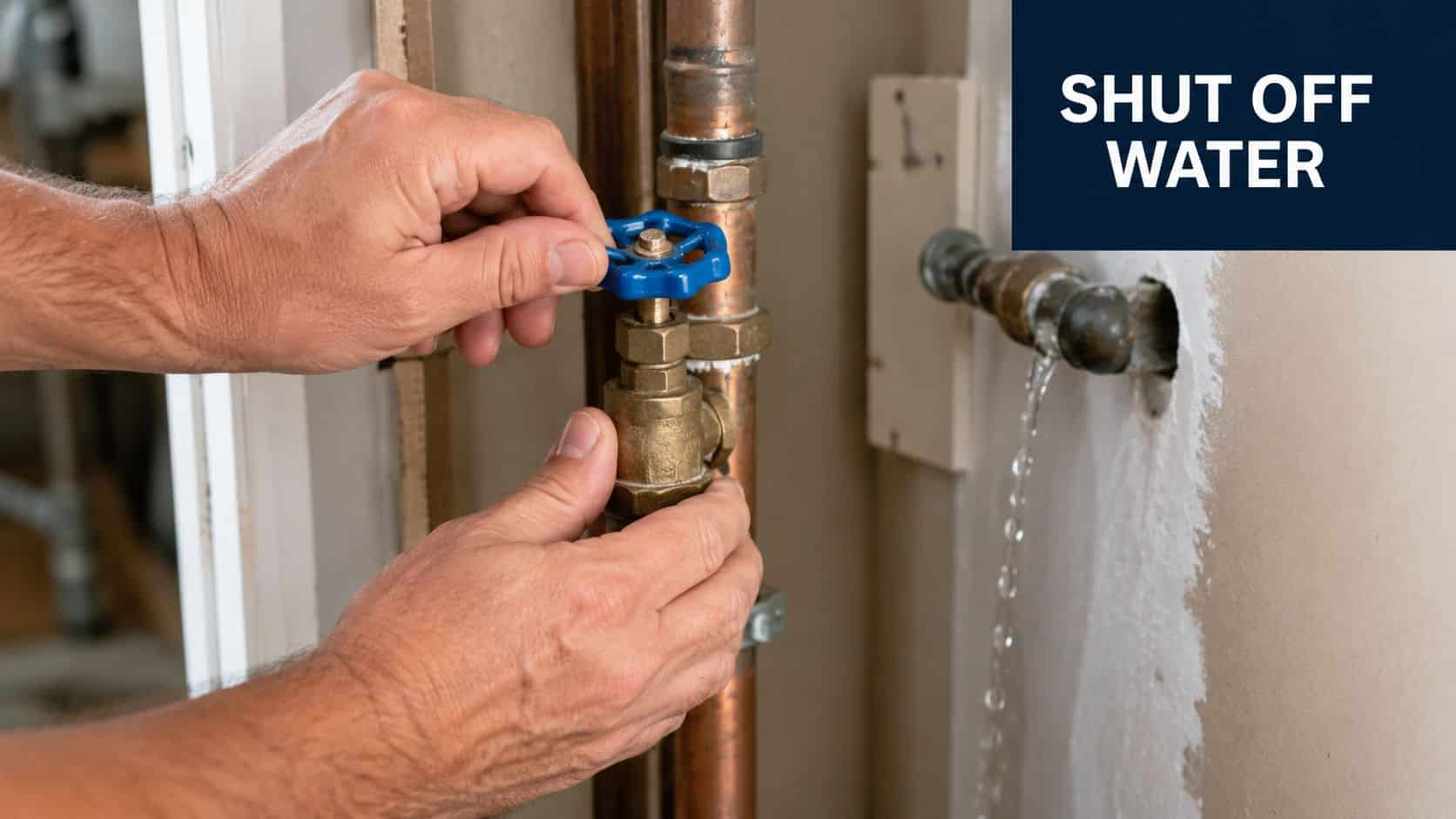 A person turning off the water main valve to stop a leak from a wall pipe.