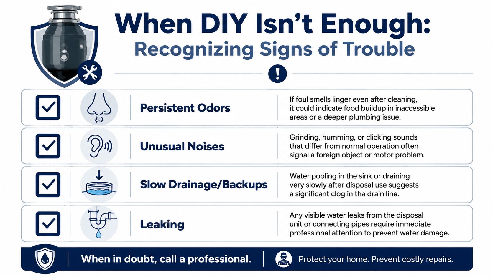 An infographic titled When DIY Isn't Enough lists signs of garbage disposal trouble including odors, noises, backups, and leaks.