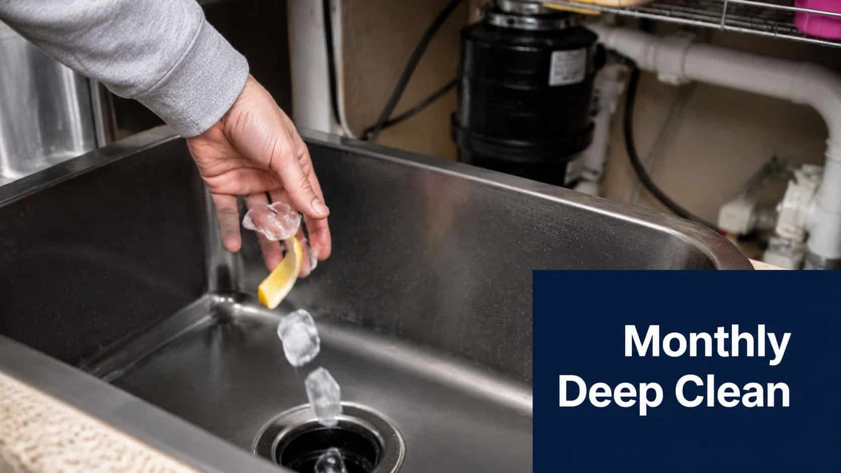 A person dropping lemon slices and ice cubes into a kitchen sink to clean the garbage disposal.