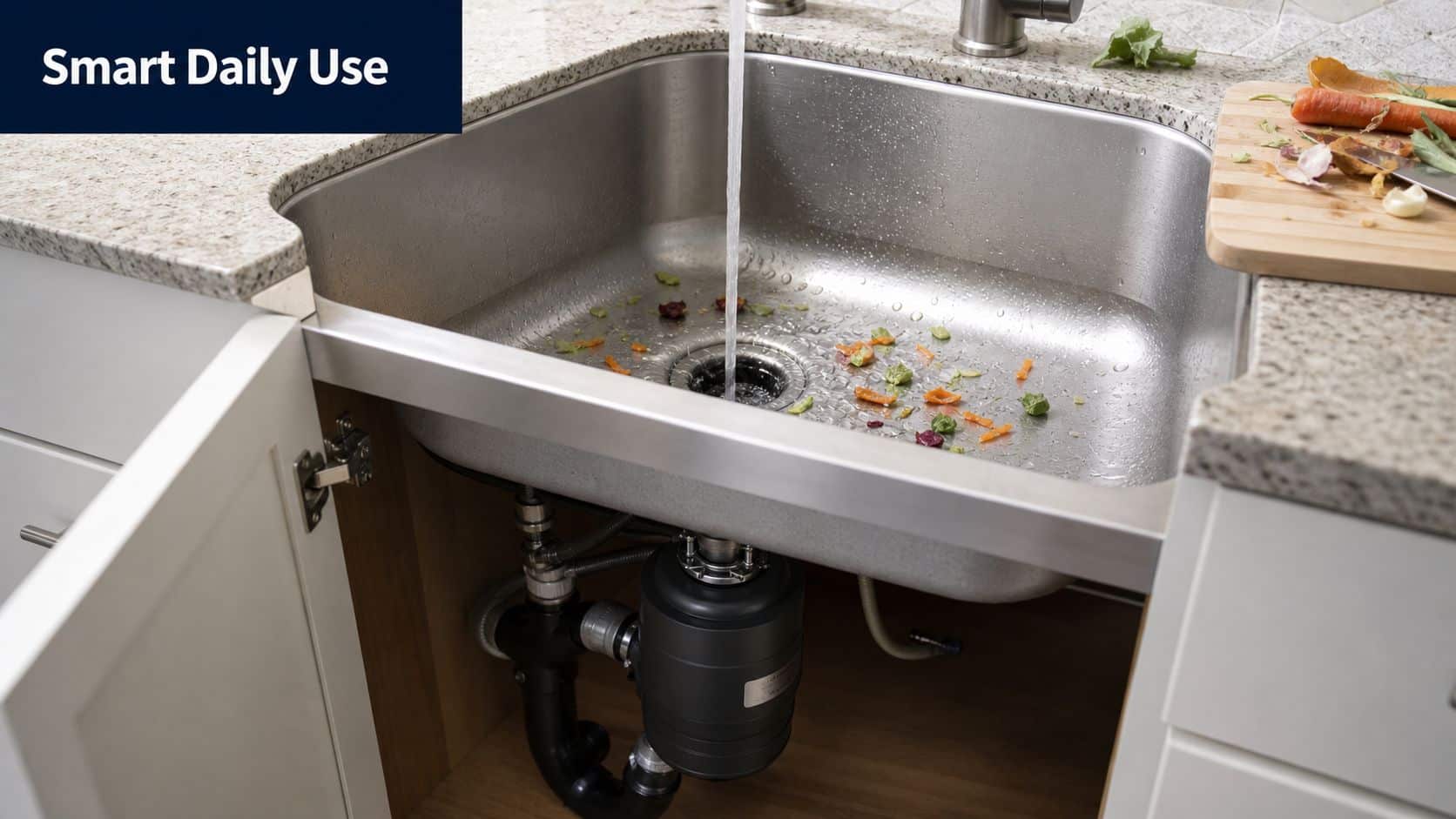A clean stainless steel kitchen sink with a garbage disposal unit installed underneath inside the cabinet.