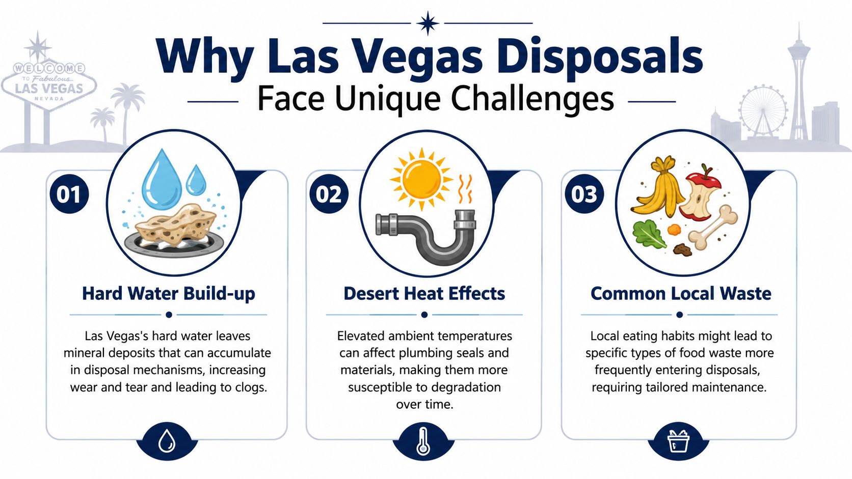 An infographic titled Why Las Vegas Disposals Face Unique Challenges, illustrating hard water, heat, and food waste.